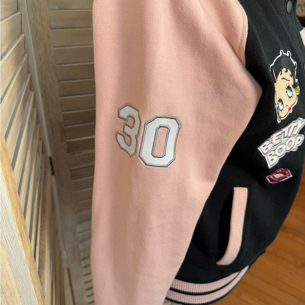 Betty Boop Varsity Letter Jacket with hood + back detail - Black and Pink - Picture 6 of 12